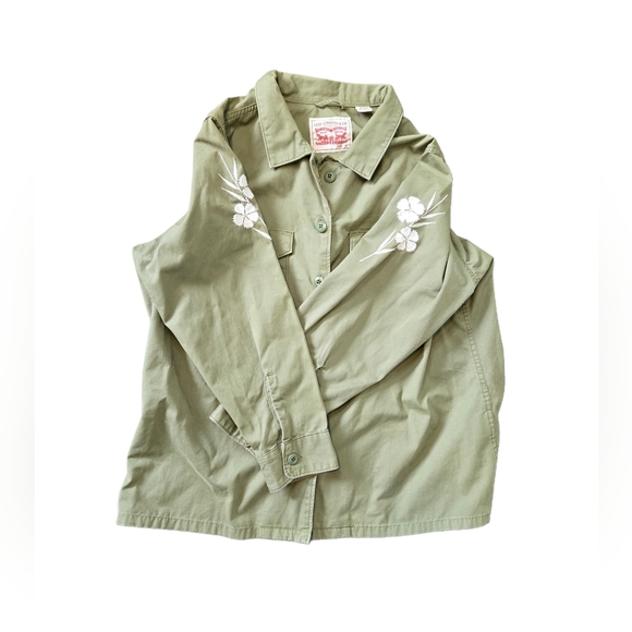 Levi’s 2X Olive Green Military Shirt Jacket Floral Embroidery Utility Shacket - Picture 2 of 11